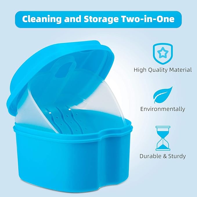 Dental Orthodontic Retainer Case Cleaning with Strainer Basket, Denture Bath Box Soaking Cup Mouthguard Storage Holder - Blue