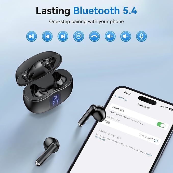 Wireless Earbuds, 2025 Bluetooth 5.4 Bass Stereo Headphones with 4 ENC Mic, 50H Playback Ear Buds with Charging Case LED Display,Sport Earphones IPX7 Waterproof for Phone, Android, Pad, Black-StrideForce Fitness