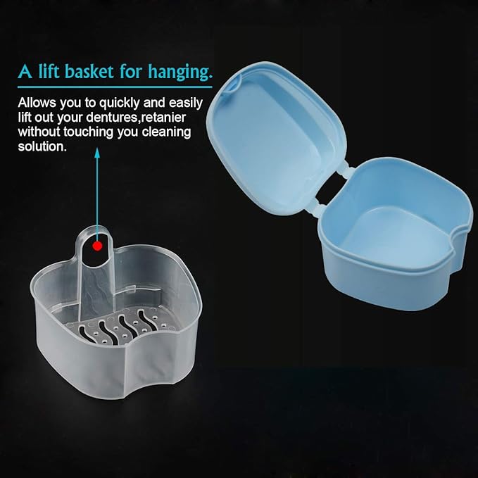 Coolrunner Denture Case, Denture Cup with Strainer, Denture Bath Box False Teeth Storage Box with Basket Net Container Holder for Travel, Retainer Cleaning