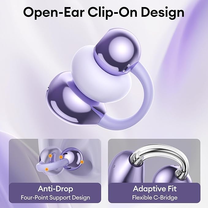 Stylish Open Ear Clip On Earbuds with Removable Butterfly Earring, Clip On Headphones with LCD Touch Screen, Fashionables Open Ear Headphones for Women, Butterfly Earring Purple Earbuds-StrideForce Fitness