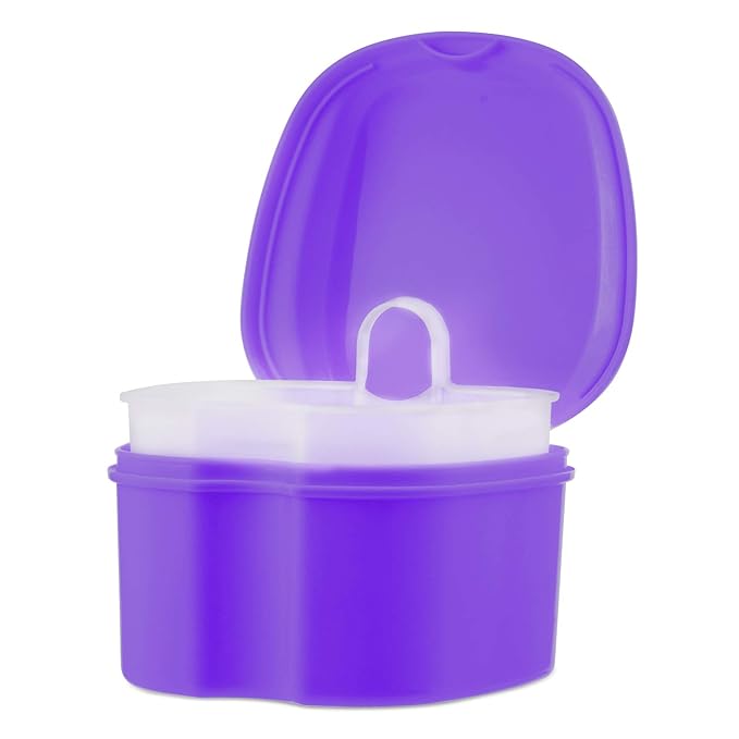 Denture Soaking Cup Dental Retainer Case Cleaning with Strainer Basket, Orthodontic Bath Box Mouthguard Storage Holder - Purple