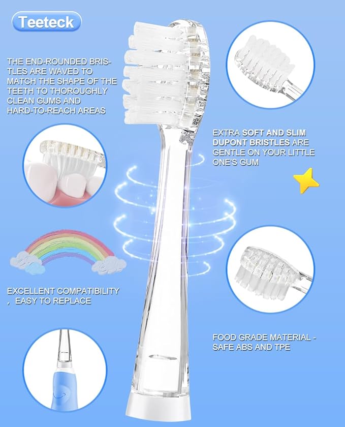 Teeteck 5 Pack Kids Toothbrush Replacement Heads Compatible with SEAGO SG513/SG977/SGEK6, DadaTech DT-K6/DT-BB1/DT-977, Brush-Baby WildOnes(Ages 18-36 Months/Transparent)
