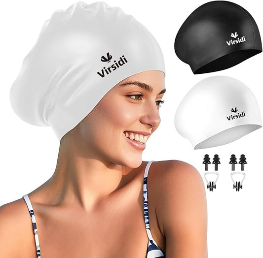 2 Pack Large Swim Caps for Long Hair, Silicone Swimming Cap for Adult Women Men, Waterproof Swim Hats Bathing Caps to Keep Hair Dry with Bonus Nose Clip and Earplugs-StrideForce Fitness