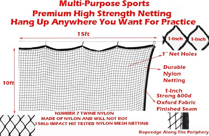 10ft, 15ft, 25ft Sports Practice Netting Sturdy Net Hitting Throwing Pitching Net 150LB Impact Hit Tested Nylon Mesh Netting for Golf, Baseball, Softball, Hockey, Soccer, LAX-StrideForce Fitness