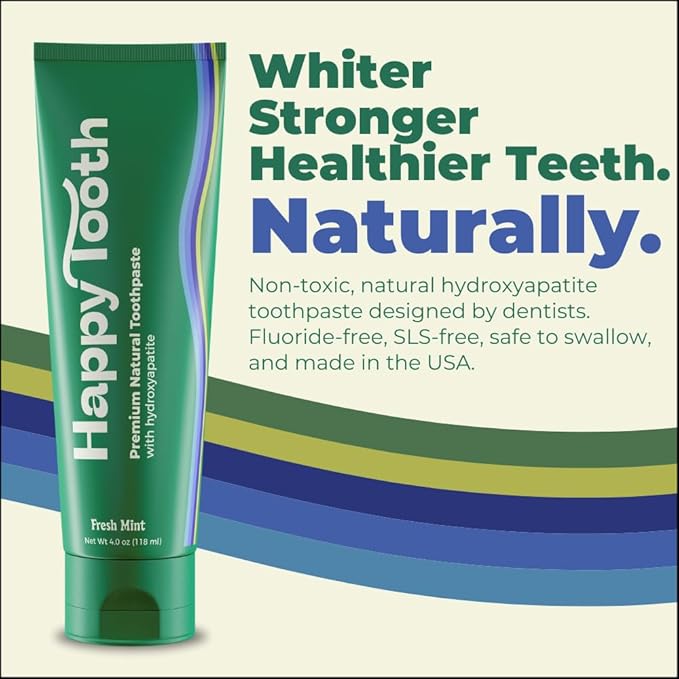 Happy Tooth Hydroxyapatite Toothpaste, Fluoride Free, Natural Whitening for Kids, Toddlers and Adults, SLS Free, Enamel Safe, Dentist Formulated with Clean Ingredients, Fresh Mint Flavor, 4.0 oz