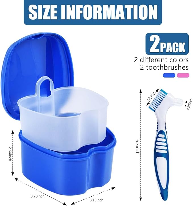 2 Pack Denture Bath Case Cup Box Holder Storage Container with Denture Cleaner Brush Strainer Basket for Travel Cleaning (Blue and Pink)