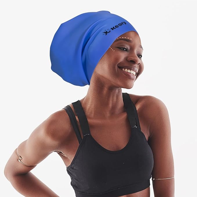 Keary Extra Large Swim Cap for Braids and Dreadlocks Extensions Weaves Long Hair, Waterproof Silicone Cover Ear Bath Pool Shower Swimming Cap for Adult Youth to Keep Hair Dry, Easy to Put On and Off-StrideForce Fitness