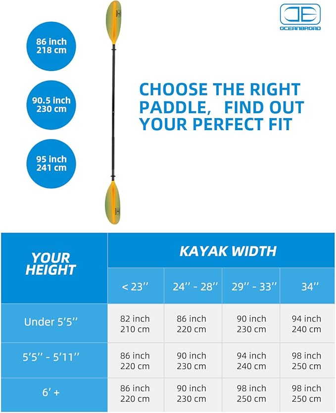 OCEANBROAD Kayak Paddle 86in/218cm, 90.5in/230cm, 95in/241cm Alloy Shaft Kayaking Boating Canoeing Oar with Paddle Leash-StrideForce Fitness