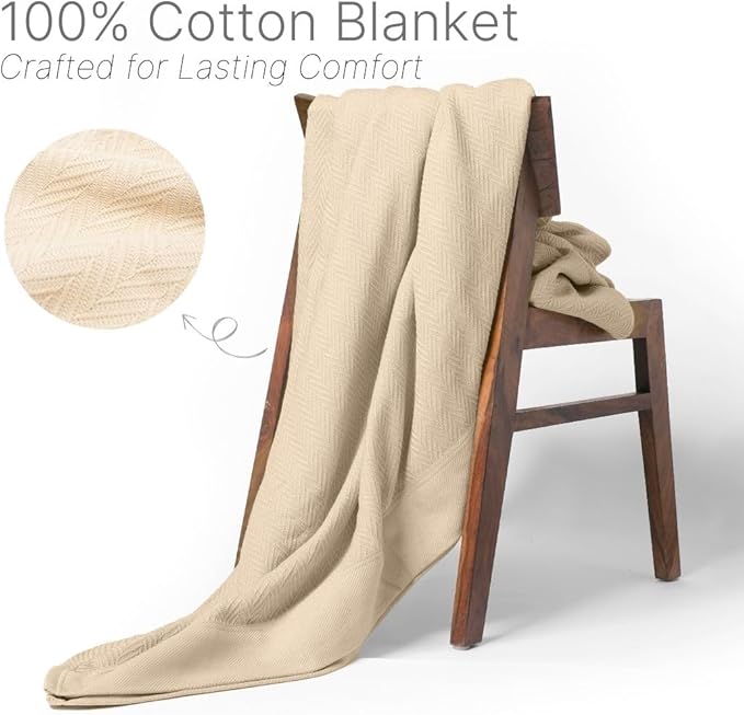 100% Cotton Herringbone Weave Blankets, 66"X90" Twin, Throw Blanket for Bed, All Season Cotton Blanket, Cozy Blanket,Throws & Bed Blanket, Throw Blanket for Couch, Modern Home Decor - Beige-StrideForce Fitness