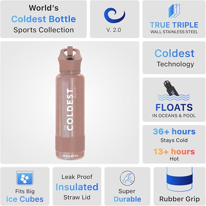 Coldest Insulated Water Bottle with Straw Lid - Stainless Steel Metal Insulated Bottle for Men & Women (Golden Rose Glitter, 40 oz)-StrideForce Fitness