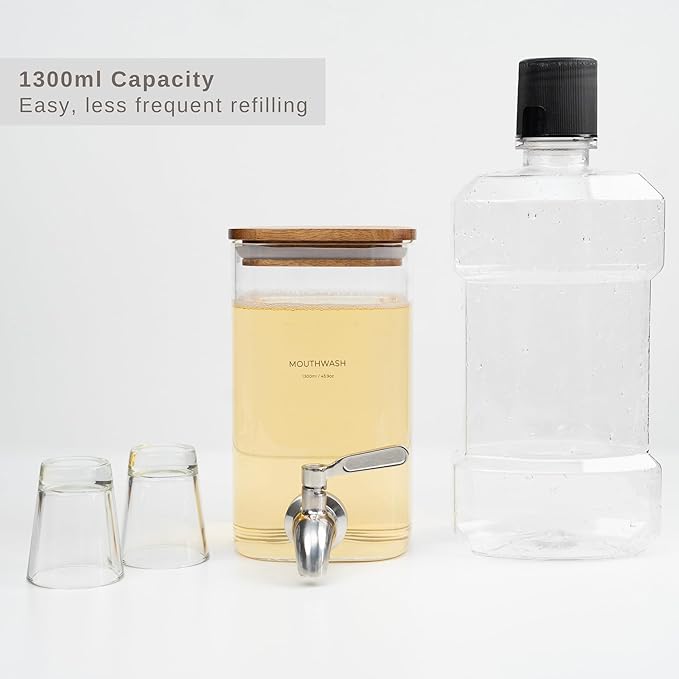 Glass Mouthwash Dispenser for Bathroom Decor with Bathroom Cups, Glass Electric Toothbrush Holder and Wooden Tray – Minimalist Bathroom Accessories for Home Decor - ZUTT