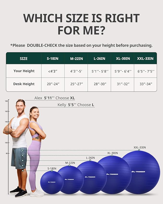 Trideer Extra Thick Yoga Ball Exercise Ball, 5 Sizes Gym Ball, Heavy Duty Ball Chair for Balance, Stability, Pregnancy, Quick Pump Included-StrideForce Fitness