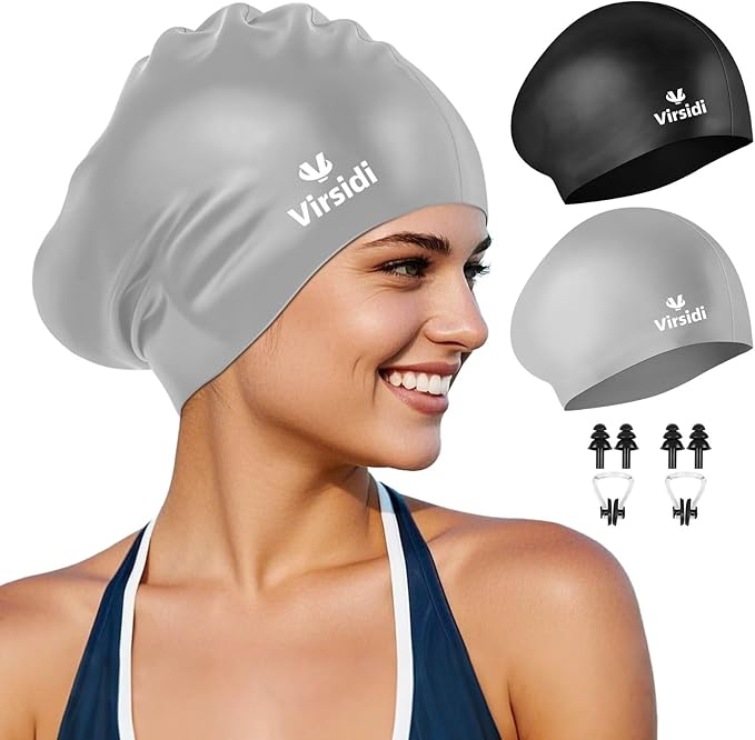 2 Pack Swim Cap for Women Men Adult, Silicone Swimming Caps for Short Long Hair, Waterproof Swim Hats Bathing Caps to Keep Hair Dry with Nose Clip and Earplugs-StrideForce Fitness