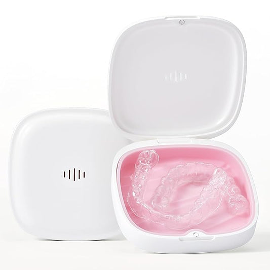 Retainer Case Slim Aligner Case with Vent Holes Removable Inner Tray Silicone for Easy Cleaning (1Pack White Pink)