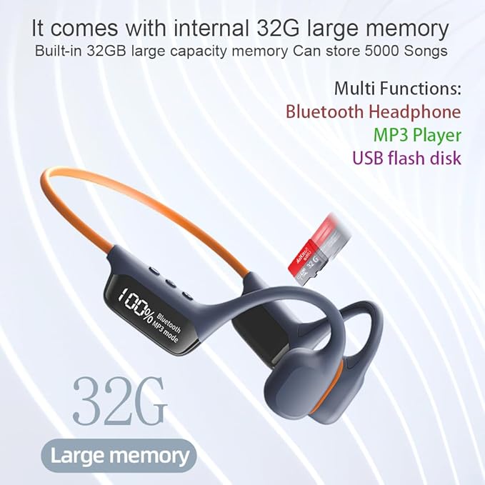 IHAO Swimming Headphones True Bone Conduction Open Ear Headset MP3 Player Built-in 32G Memory IP68 Underwater Waterproof Stereo Bluetooth Earphone for Driving Bicycling Running Skiing-Grey-StrideForce Fitness