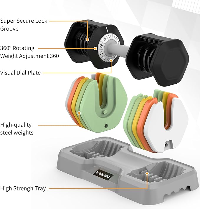 SKOK 25/55 lbs Pair Adjustable Dumbbells Set, Adjustable Weights Dumbbells Set for Men and Women with Anti-Slip Fast Adjust Weight by Turning Handle,Black Dumbbell with Tray-StrideForce Fitness