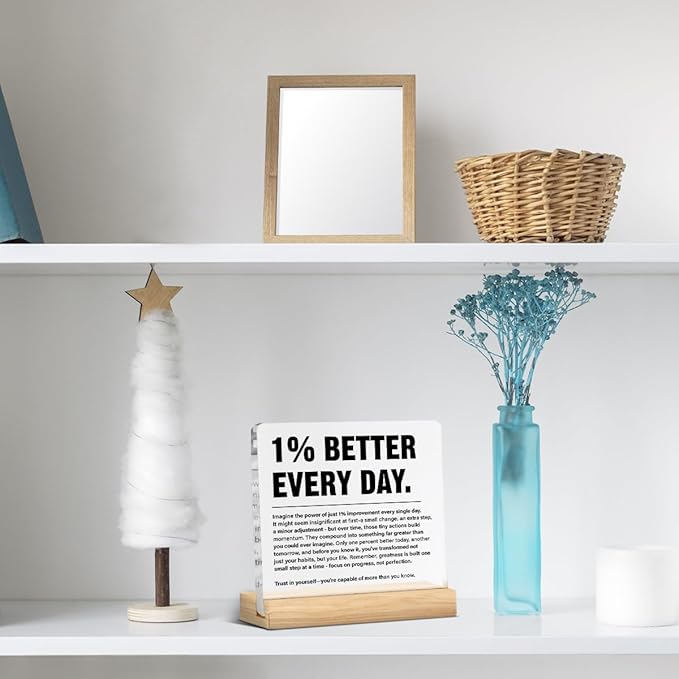 Inspirational Home Office Decor 1% Better Every Day Acrylic Plaque Sign for Office Gym Classroom, Growth Mindset Self Improvement Gifts for Coworker Employee Friend-StrideForce Fitness
