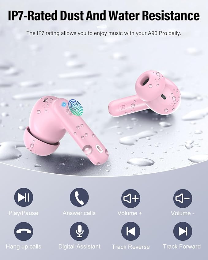 Wireless Earbuds, Bluetooth 5.4 Headphones Bass Stereo, Ear Buds with Noise Cancelling Mic, IP7 Waterproof in Ear Earphones, 36H LED Display Bluetooth Earbuds for Laptop Pad Phones Sports, Pink-StrideForce Fitness