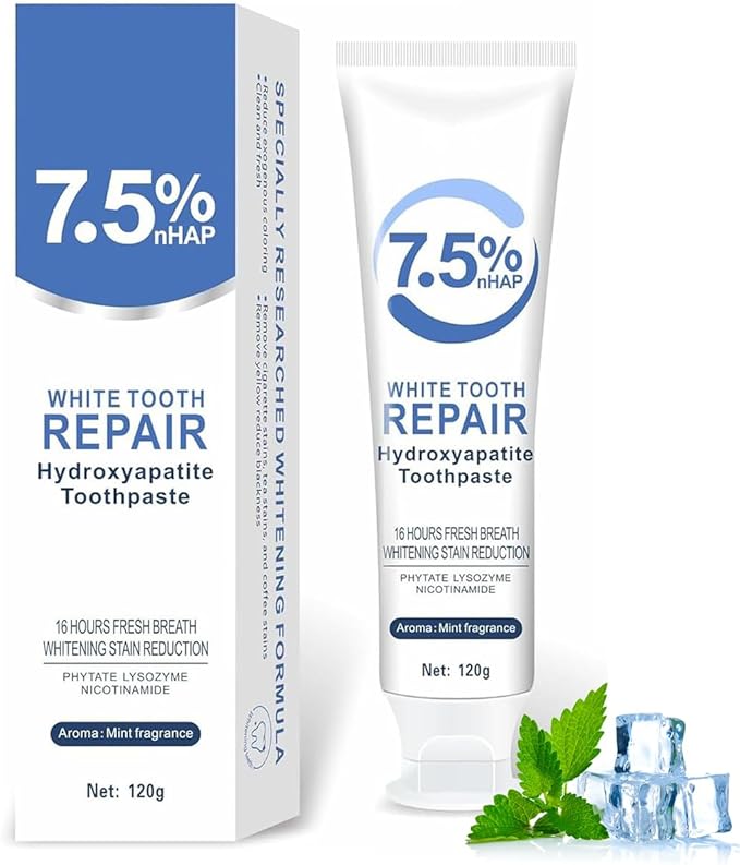 7.5% Hydroxyapatite Toothpaste for Enamel Protection & Tooth Strengthening, White Tooth Repair, Sensitive Teeth, Gentle Mint Fluoride-Free Formula (120g/4.23oz)