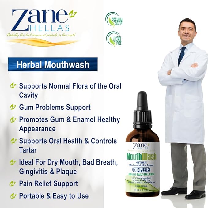 Zane Hellas MouthWash. Oral Rinse with Oregano Oil Power. Ideal for Gingivitis, Plaque, Dry Mouth, and Bad Breath. Alcohol and Fluoride Free. 100% Herbal Solution. 1 fl.oz.-30ml.