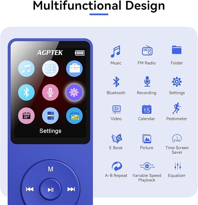 AGPTEK A02 MP3 Player with Bluetooth 5.3, 1.8 inch Screen Portable Music Player with Speaker, FM Radio, Voice Recorder, Supports Expanded Up to 128GB(Blue, 32GB)-StrideForce Fitness