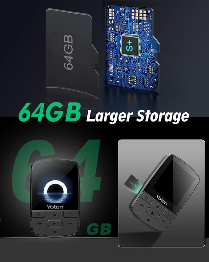 YOTON MP3 Player with Bluetooth 5.2, 64GB, HiFi-Music, with Sports Clip and Independent Volume Button, FM Radio, Earphones Included-StrideForce Fitness