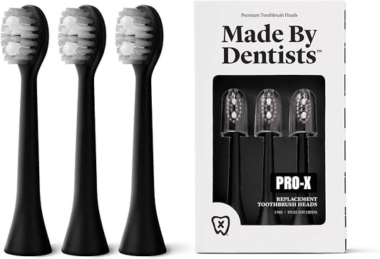Made by Dentists PRO‑X Replacement Brush Heads – Compatible with PRO‑X Sonic Toothbrush (3 Pack) – Dentist‑Designed, Deep Plaque Removal, Soft Bristles, Travel‑Ready, Black