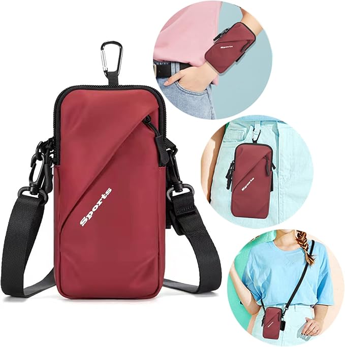 Cell Phone Holder, Small Crossbody Shoulder Holsters Bag with Arm Band, Fits iPhone and Android, Use for Running, Walking, Hiking & Biking (6.7 Inches, Red)-StrideForce Fitness