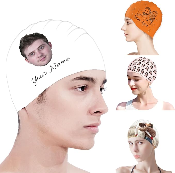 Custom Swim Cap with Photo Personalized Silicone Swim Cap for Men and Women Swimming Customized Swimmers Cap for Short and Medium Length Hair-StrideForce Fitness