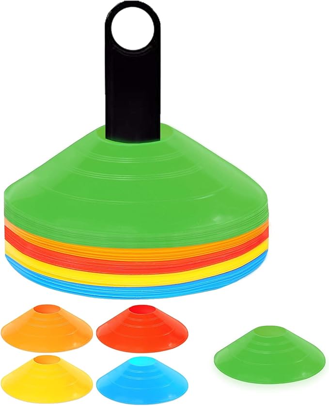 Training Soccer Cones 25/50/100 Pack with Carry Bag & Holder – 5 Colors – Agility Disc Cones Set Sports Practice Equipment for Soccer, Football, Basketball, Coaching & Speed-StrideForce Fitness