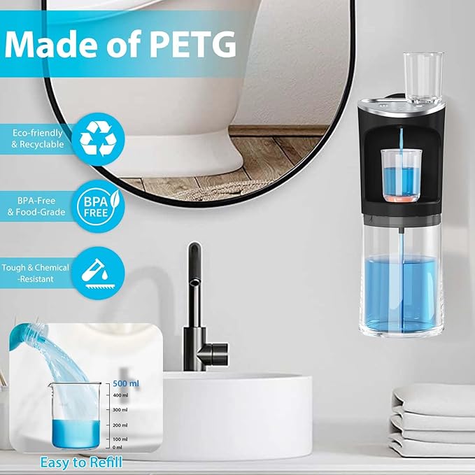 Automatic Mouthwash Dispenser for Bathroom, 2500mAh Electric Touchless Black Mouthwash Dispenser with Magnetic Cups, 20 Oz Wall Mounted/Countertop Mouthwashs Dispensers for Kids & Adults