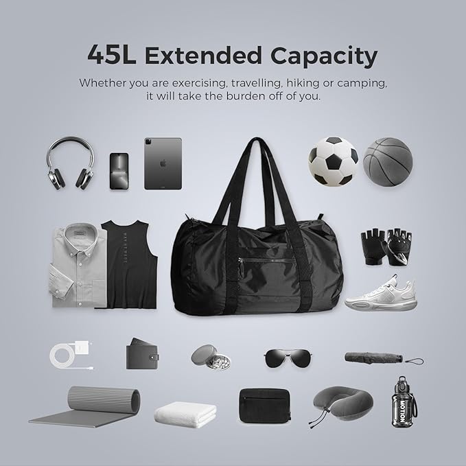 pack all 45L Foldable Duffel Bag, Water-Resistant Sports Gym Bag, Portable Weekender Bag Lightweight for Travel, Fitness and Camping (Black)-StrideForce Fitness
