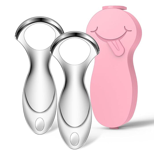 RONAVO Tongue Scraper Tongue Cleaner (New Series) Tongue Scraper for Adults Portable Storage Tongue Coating Removal Bad Breath Care Metal Tongue Scraper with Pink Carrying Case