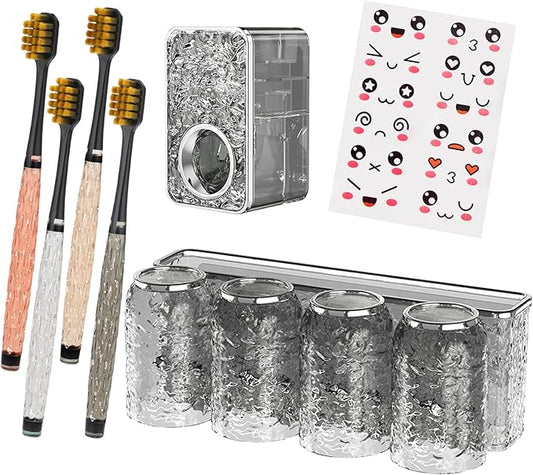 Toothbrush Holders Combo Set for Bathroom，4 Cups Toothbrush Holder Wall Mounted with Organizer，Gift 4 Count Ultra Fine Soft Bristle Crystal Tooth Brush and Wall Mounted Toothpaste Squeezer