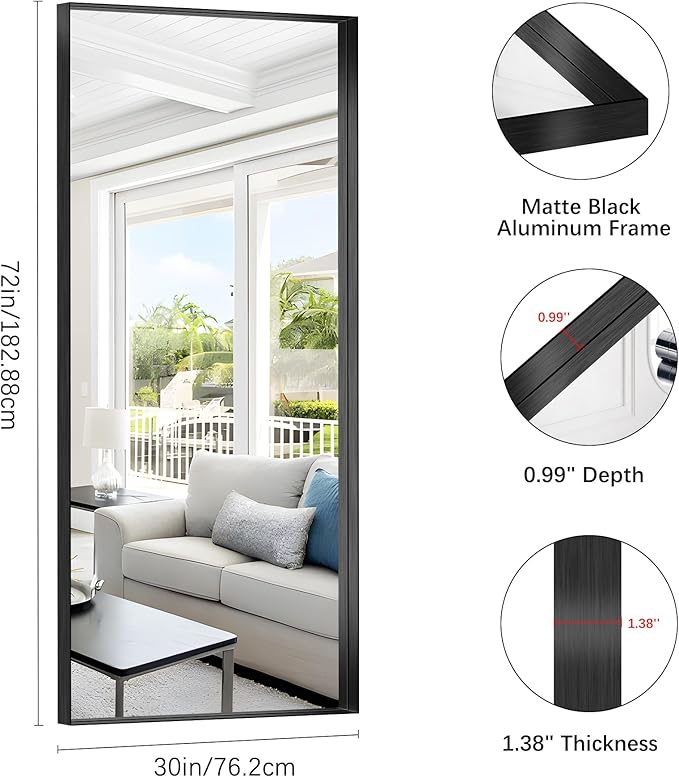 Black Bathroom Mirror, 72x30 Inch Rectangular Deep Frame Mirror, Large Wall Mounted Bathroom Vanity Mirror Over Sink for Bedroom,Restroom, Living Room, Hangs Vertically or Horizontally-StrideForce Fitness