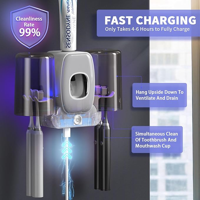 Toothbrush Holders for Bathrooms, Wekity Automatic Toothpaste Dispenser Space Saving Toothbrush and Toothpaste Holder，Toothbrush Holder Wall Mounted with 2 Cups for Bathroom (Grey)…