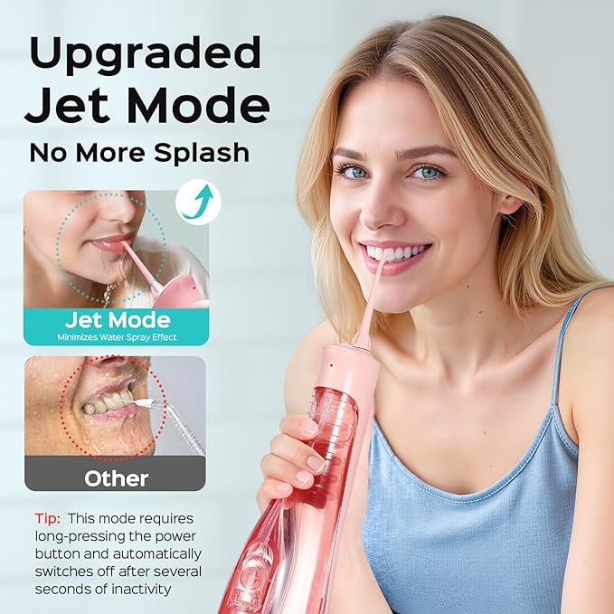 COSLUS Portable Water Flosser for Teeth: 4 Modes & 5 Intensity Levels Professional Electric Dental Pick for Sensitive Gums, Braces & Orthodontic - Cordless for Travel Use, for Adults, BPA-Free, Pink