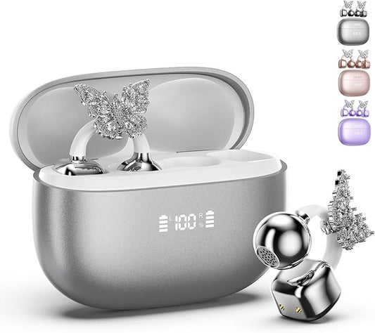 PAXA Bling Open Ear Clip On Earbuds with LED Display & Crystal Butterfly Earrings, Comfort Bluetooth 5.4 Wireless Ear Buds 50H Playtime for Women Girl Work, Fitness, Daily Wear, Gift, Silver-StrideForce Fitness