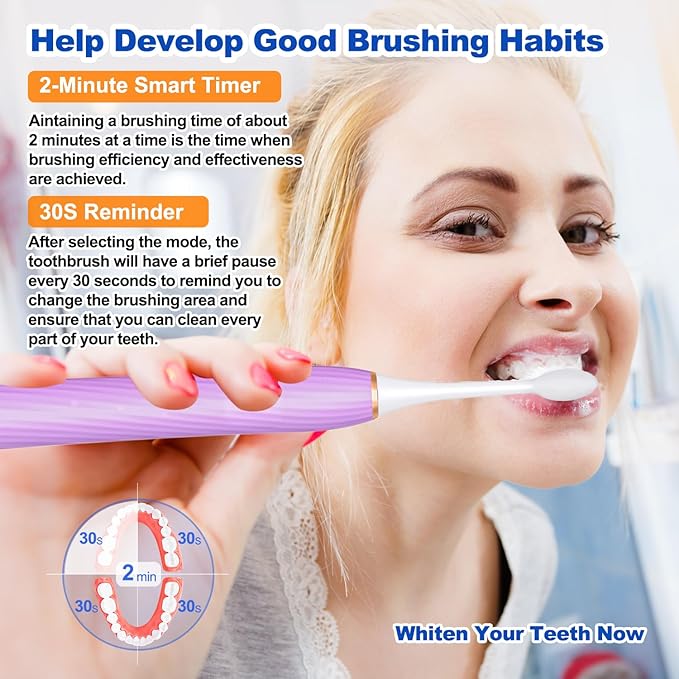 Electric Toothbrush for Adults and Kids, with Tongue Scraper and Travel Case, 8 Brush Head, Smart Timer & 4 Modes Rechargeable Toothbrush, 42000 VPM Deep Clean, One Charge Last 90 Days - Purple