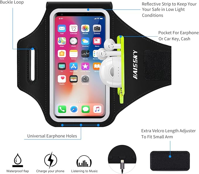Phone Armband for Running Cell Phone Armband with Zipper Pocket for Earbuds Car Keys, Water Resistant Sport Arm Band for iPhone 16 15 12 11 Pro Galaxy S24 S20 Fit Up to 6.7'' with Phone Case-StrideForce Fitness