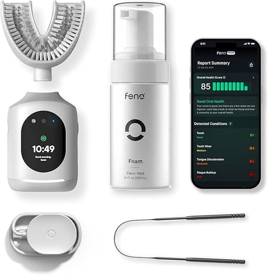 Feno Smartbrush Founders Edition Plus – AI-Powered Electric Toothbrush with Personalized Mouthpiece, 3 Tubes Foam Toothpaste, Tongue Scraper & 12-Month Plus Subscription
