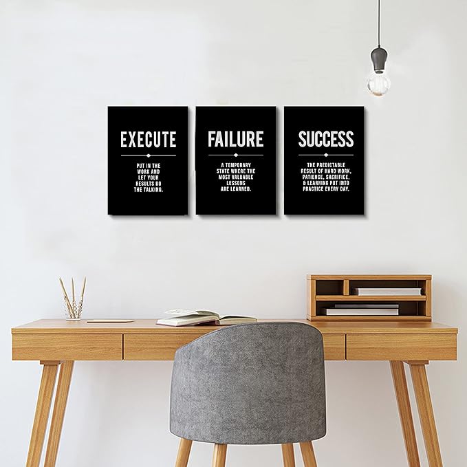 Framed Canvas Wall Art Success Quote For Office, Black Large Positive Motivational Poster, Set of 3, Execute Failure Definition, Inspirational Print (A-3pcs,12x16inchx3pcs)-StrideForce Fitness