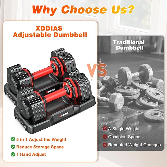 XDDIAS Adjustable Dumbbell Set of 2, 25/55/80LB Dumbbell Set-1Sec Adjustable Weights-5/10 in 1 Free Weights Dumbbells Set with Effortless Tray/No-Slip Handle-Compact Size for Women/Men at Home Gym-StrideForce Fitness