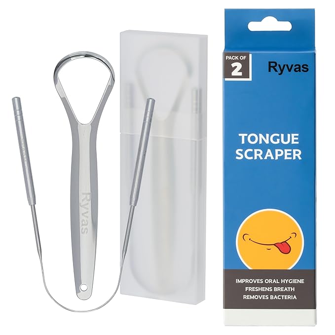 Ryvas Tongue Scraper for Adults (2-Pack) with Travel Case – Dual-Edge Oral Care Tool, Stainless Steel Design for Fresh Breath & Daily Hygiene
