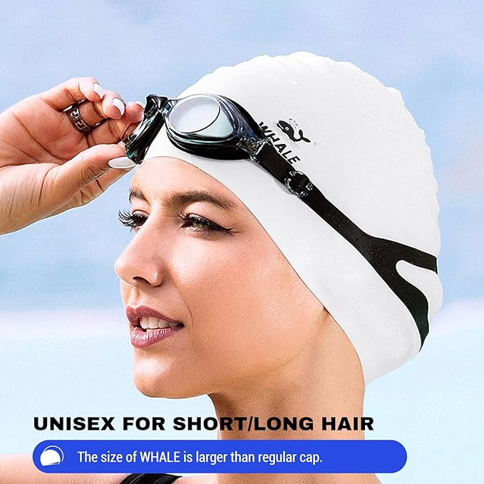 WHALE Extra Large Swim Cap for Women Men, Durable Silicone Swimming Hat with Ear Protection, Unisex Adults Bath Swimming Caps for Long Thick Curly Hair & Dreadlocks Braids Weaves Afro Hair-StrideForce Fitness