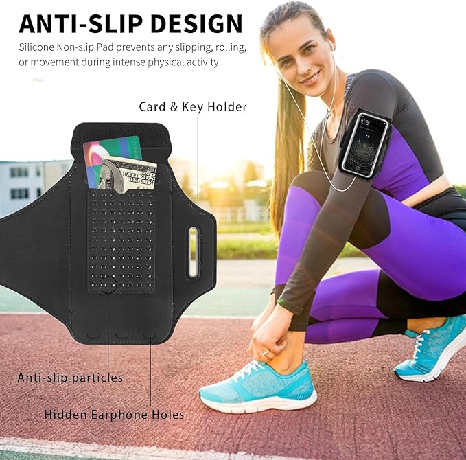 Running Armband with Earphone Bag Cell Phone Armband for iPhone 16/15/14/13/12 Pro, Galaxy S21/S20, Water Resistant Sports Phone Holder & Zipper Slot Car Key Holder for 6.4 inch Phone-StrideForce Fitness