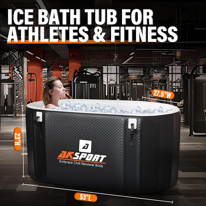 AKSPORT Ice Bath Tub for Athletes, 155 Inflatable Cold Plunge Tub Compatible with Water Chillers, Inflatable Icebath for Recovery & Cold Water Therapy，Portable Bathtub for Indoor & Outdoor-Black-StrideForce Fitness