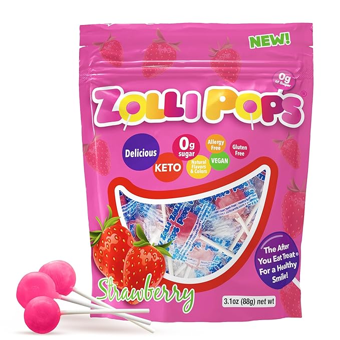 Zollipops Clean Teeth Pops Sugar Free Candy with Xylitol, Dye-Free Lollipops - Keto & Diabetic-Friendly, Dentist-Approved Treats for Kids (Strawberry, 3.1 oz)