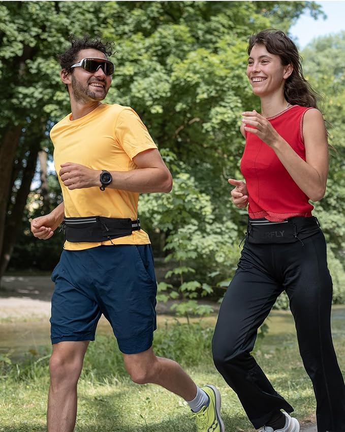 WATERFLY Running Belt Fanny Pack: Breathable 3 Pocket Waist Bag for Men Women Workout Exercise Fitness Phone Holder Fits ALL Phones - Runner Marathon Jogging Race Belt With Bib Clip Black-StrideForce Fitness