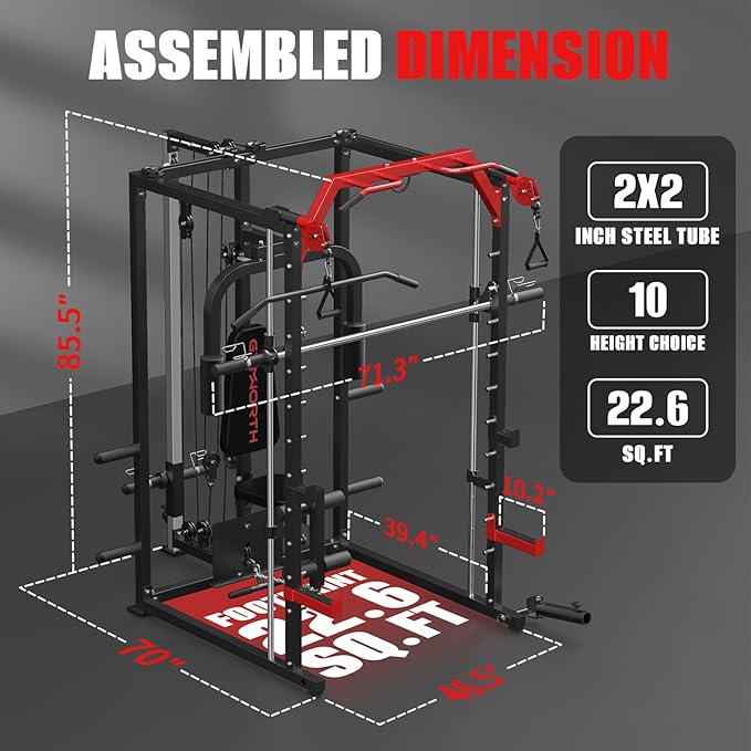 Smith Machine, Power Rack with LAT Pulldown System, Power Cage with Cable System, Squat Rack for Home Gym with Chest Press Machine, Spotter Arms, Leg Curl Attachment and More-StrideForce Fitness
